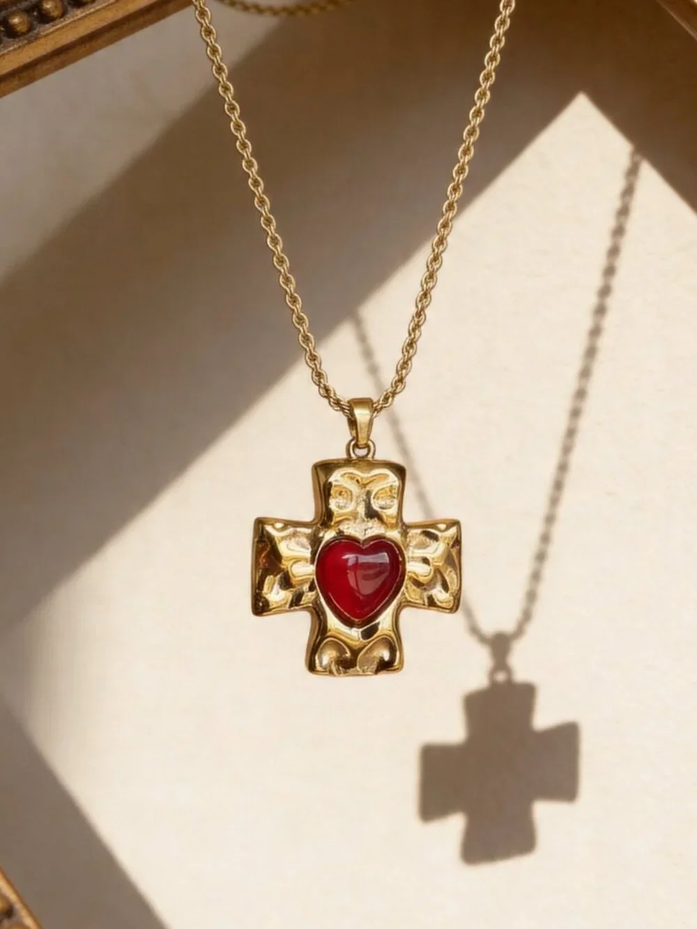 Gold Cross Heart Pendant Stainless Steel Vintage Style Necklace - Picture 7 of 12
